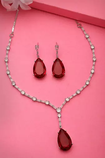 Women silver-plated red artificial stones studded handcrafted jewellery set