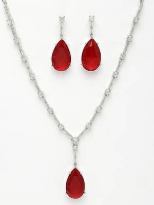 Women silver-plated red artificial stones studded handcrafted jewellery set 3