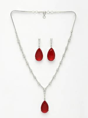 Women silver-plated red artificial stones studded handcrafted jewellery set 5