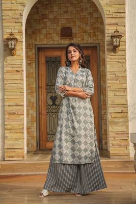 Grey Rayon Casual Wear Kurti and Palazzo Combo 3