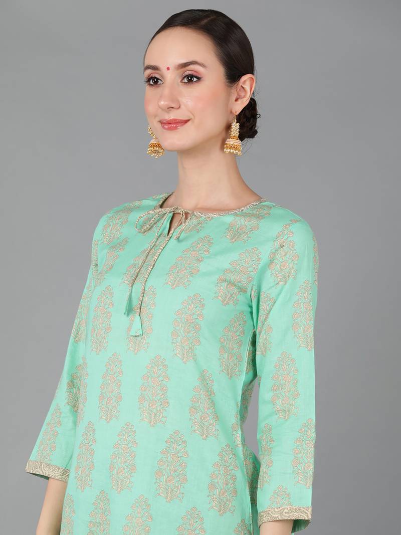 sea green ethnic motifs pure cotton fancy kurta with palazzo set