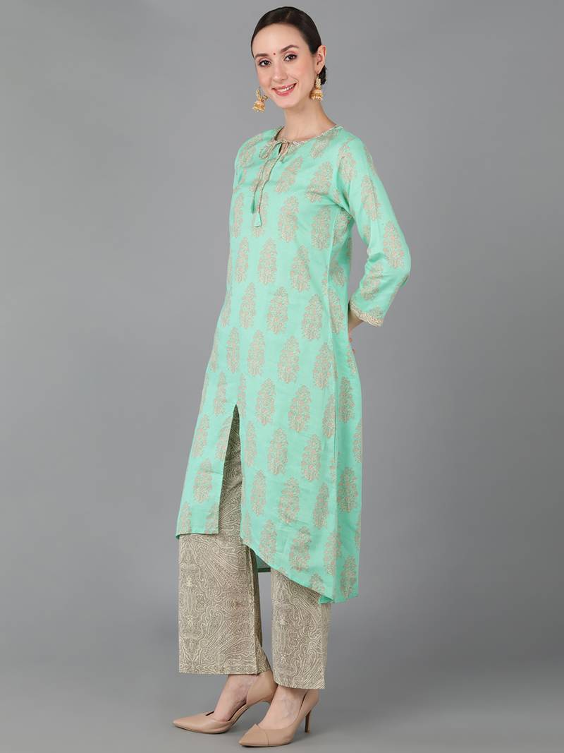 sea green ethnic motifs pure cotton fancy kurta with palazzo set