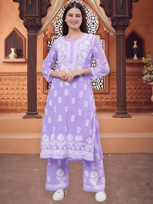 Seva chikan hand embroidered lavender georgette lucknow chikankari women kurta set with slip 1