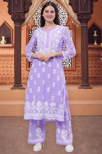 Seva chikan hand embroidered lavender georgette lucknow chikankari women kurta set with slip