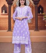 Seva chikan hand embroidered lavender georgette lucknow chikankari women kurta set with slip