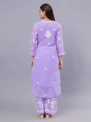 Seva chikan hand embroidered lavender georgette lucknow chikankari women kurta set with slip 2