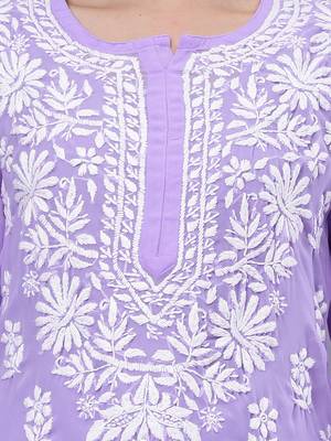 Seva chikan hand embroidered lavender georgette lucknow chikankari women kurta set with slip 3
