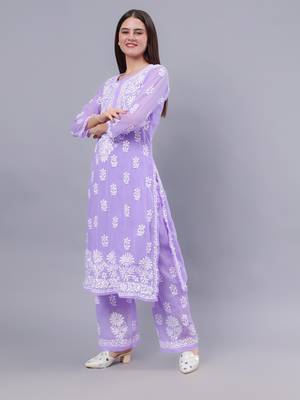 Seva chikan hand embroidered lavender georgette lucknow chikankari women kurta set with slip 4