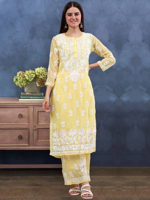 Seva chikan hand embroidered yellow georgette lucknow chikankari women kurta set with slip 1