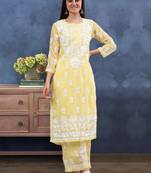 Seva chikan hand embroidered yellow georgette lucknow chikankari women kurta set with slip