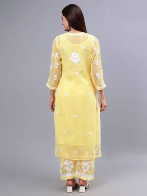 Seva chikan hand embroidered yellow georgette lucknow chikankari women kurta set with slip 2