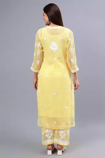 Seva chikan hand embroidered yellow georgette lucknow chikankari women kurta set with slip