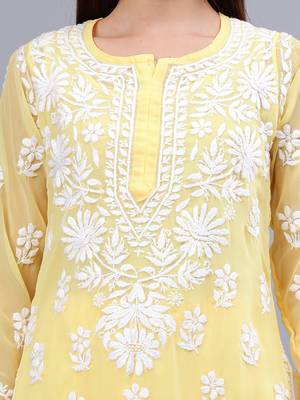 Seva chikan hand embroidered yellow georgette lucknow chikankari women kurta set with slip 3