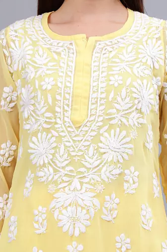 Seva chikan hand embroidered yellow georgette lucknow chikankari women kurta set with slip