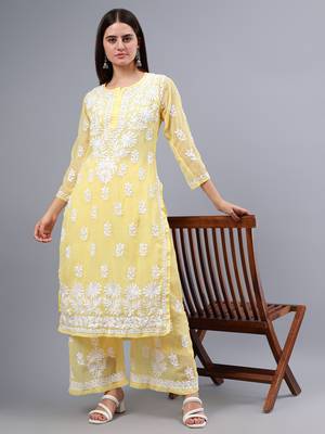 Seva chikan hand embroidered yellow georgette lucknow chikankari women kurta set with slip 4