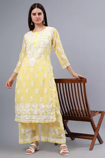 Seva chikan hand embroidered yellow georgette lucknow chikankari women kurta set with slip