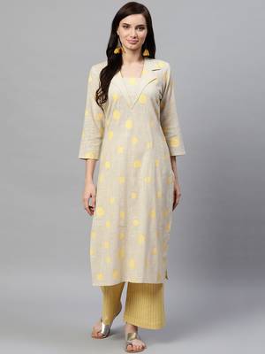 beige geometric pure cotton fancy kurta with palazzo set 1