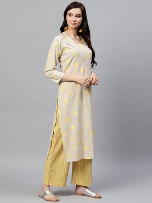 beige geometric pure cotton fancy kurta with palazzo set 3
