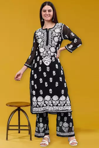 Seva chikan hand embroidered black georgette lucknow chikankari women kurta set with slip