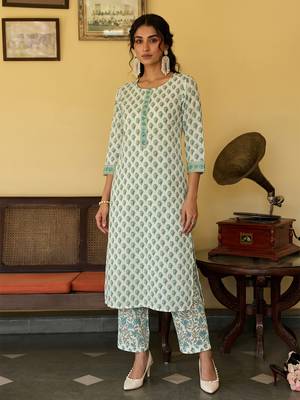 off white ethnic motifs rayon blend fancy kurta with palazzo set 1
