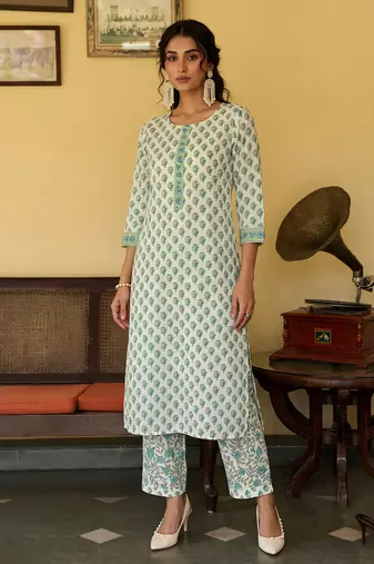 off white ethnic motifs rayon blend fancy kurta with palazzo set