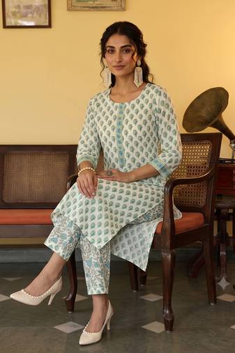 off white ethnic motifs rayon blend fancy kurta with palazzo set