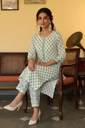 off white ethnic motifs rayon blend fancy kurta with palazzo set