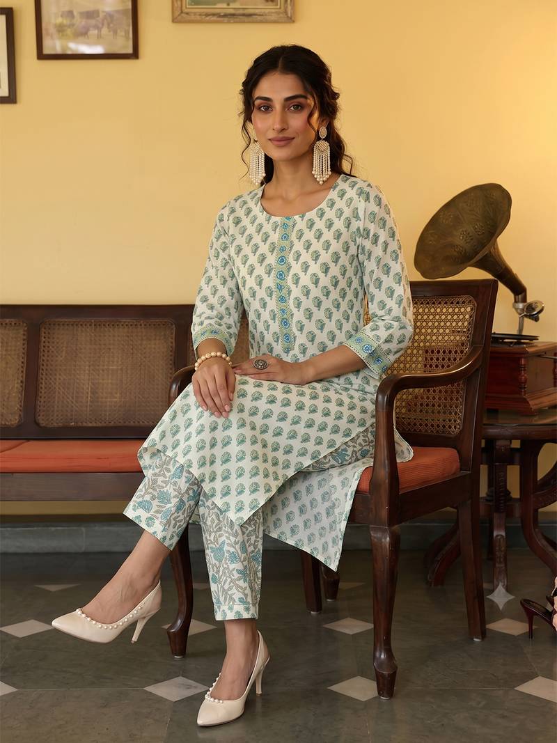off white ethnic motifs rayon blend fancy kurta with palazzo set