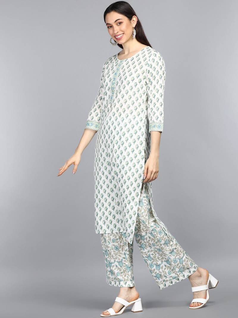 off white ethnic motifs rayon blend fancy kurta with palazzo set