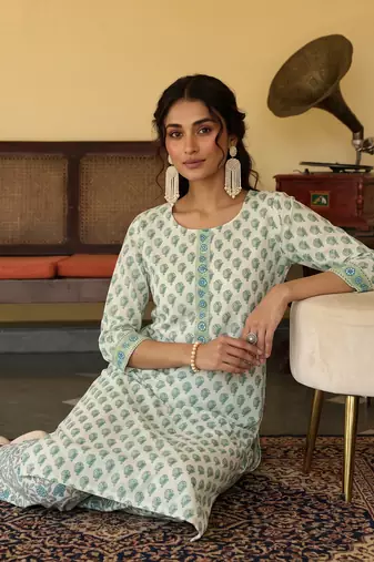 off white ethnic motifs rayon blend fancy kurta with palazzo set