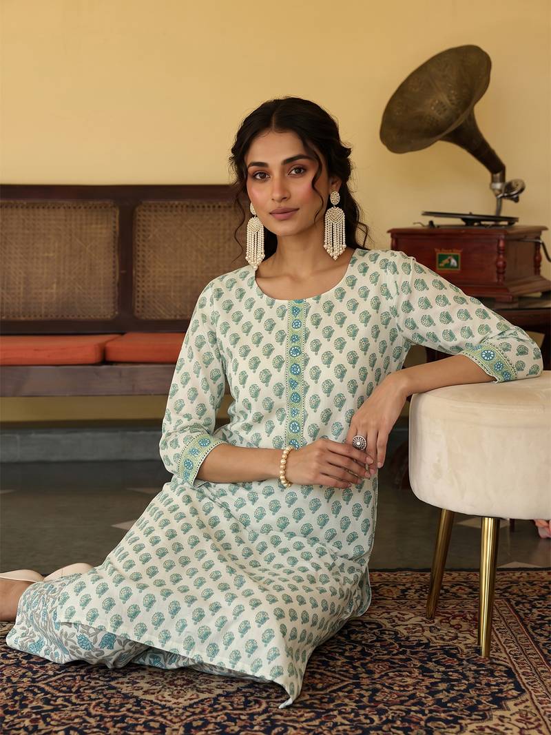 off white ethnic motifs rayon blend fancy kurta with palazzo set