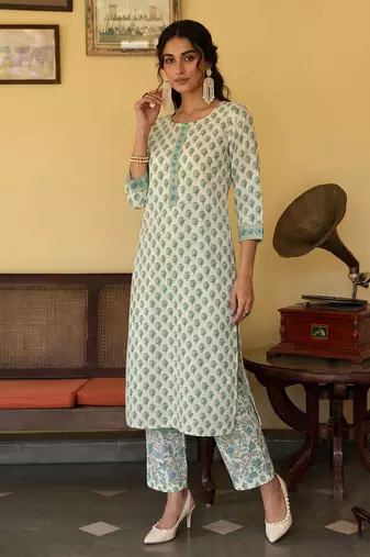 off white ethnic motifs rayon blend fancy kurta with palazzo set