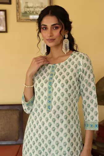 off white ethnic motifs rayon blend fancy kurta with palazzo set