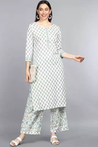 off white ethnic motifs rayon blend fancy kurta with palazzo set