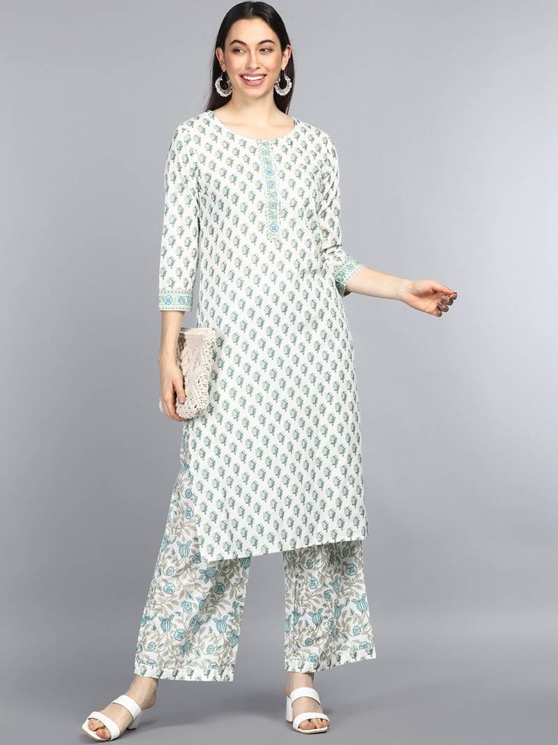 off white ethnic motifs rayon blend fancy kurta with palazzo set