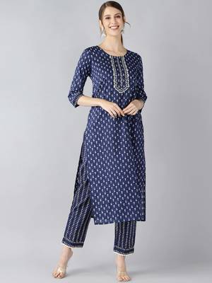 navy blue ethnic motifs pure cotton fancy kurta with trouser set 1
