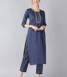 navy blue ethnic motifs pure cotton fancy kurta with trouser set