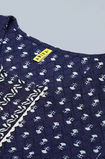 navy blue ethnic motifs pure cotton fancy kurta with trouser set
