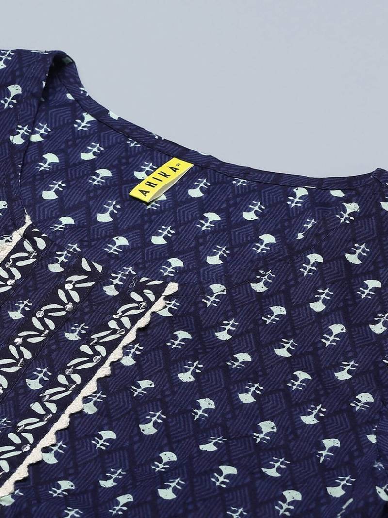 navy blue ethnic motifs pure cotton fancy kurta with trouser set