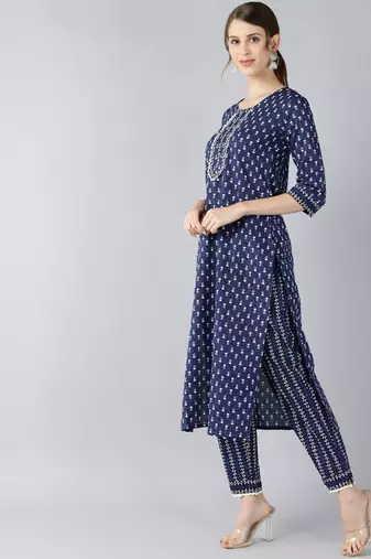navy blue ethnic motifs pure cotton fancy kurta with trouser set