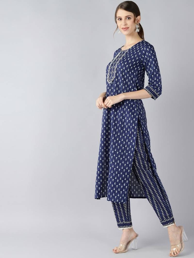 navy blue ethnic motifs pure cotton fancy kurta with trouser set