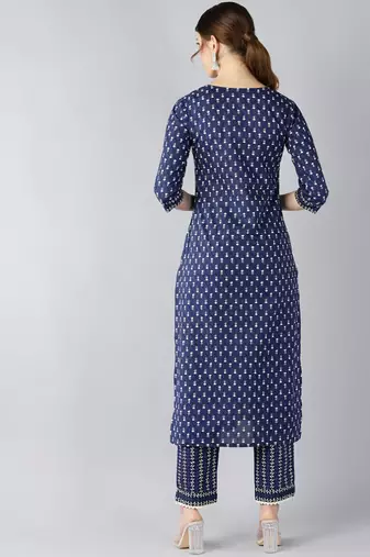navy blue ethnic motifs pure cotton fancy kurta with trouser set