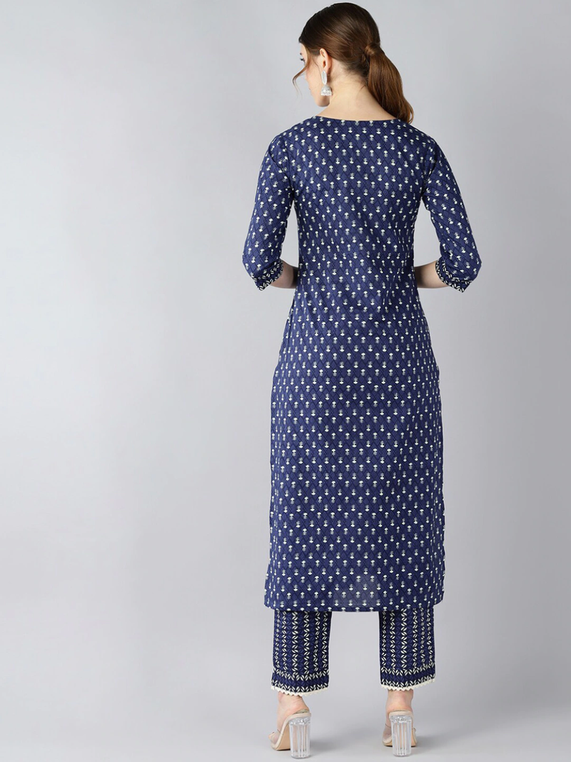 navy blue ethnic motifs pure cotton fancy kurta with trouser set