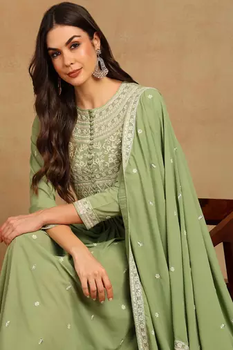green embroidered fancy kurta with dupatta set