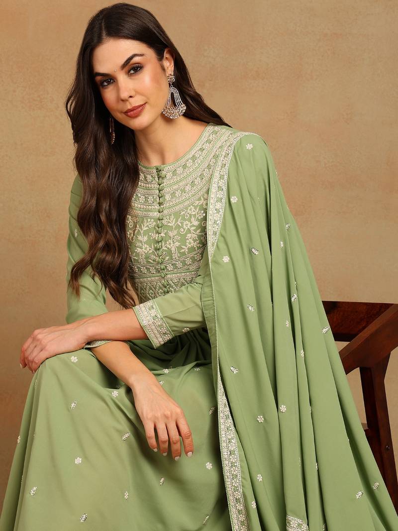 green embroidered fancy kurta with dupatta set