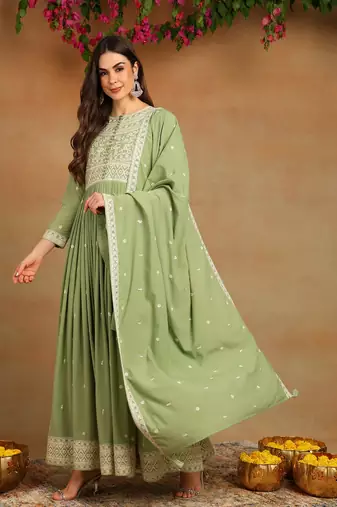 green embroidered fancy kurta with dupatta set