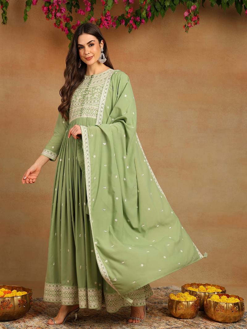 green embroidered fancy kurta with dupatta set