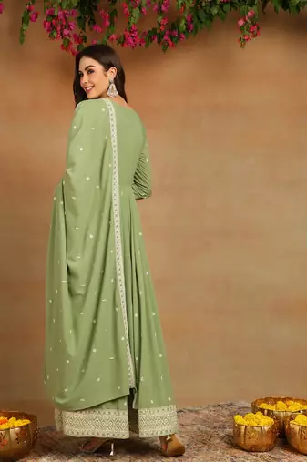 green embroidered fancy kurta with dupatta set