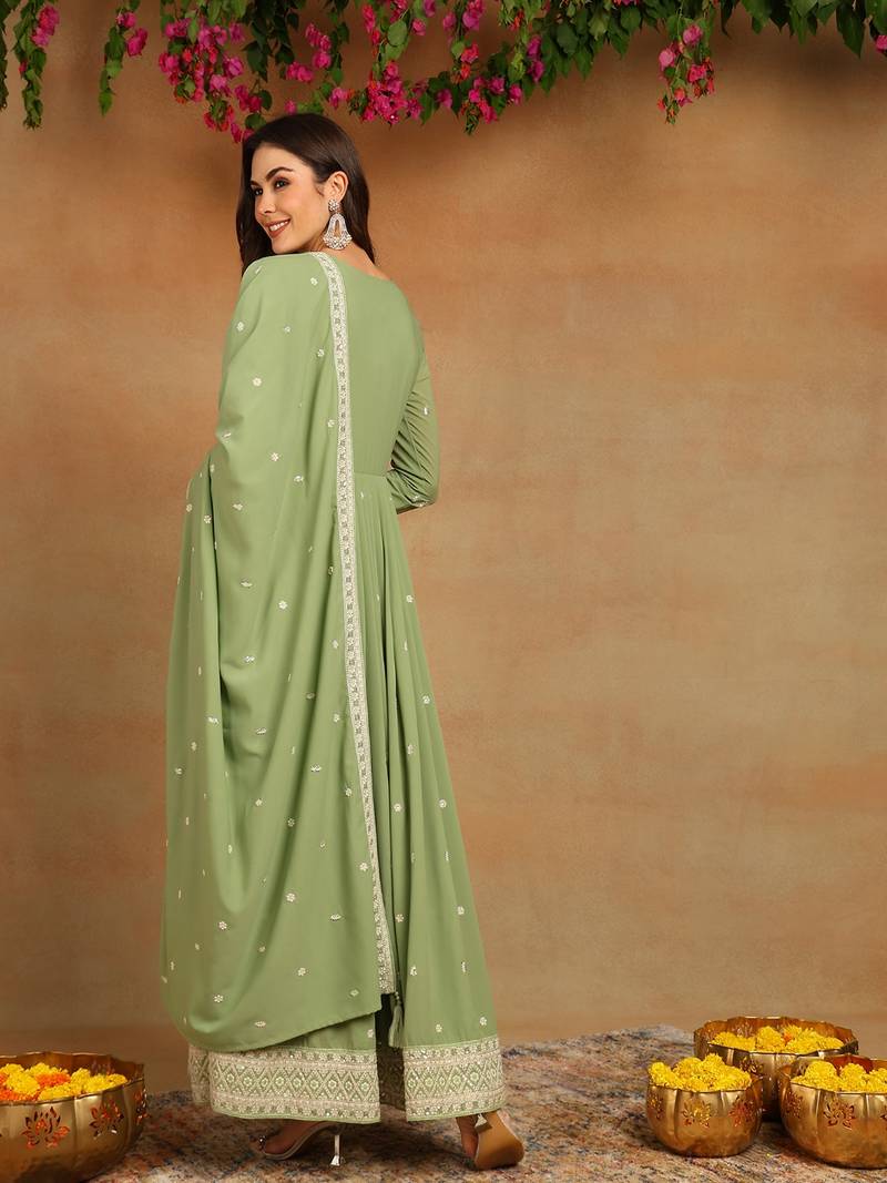 green embroidered fancy kurta with dupatta set