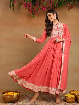 pink solid georgette fancy kurta with dupatta set 1